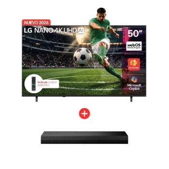 Vista frontal de TV LG NanoUHD AI de 50" + Barra de Sonido S20 – El combo perfecto para vivir el Futbol con imagen y sonido de estadio. 50NU850BPSA.S20A
